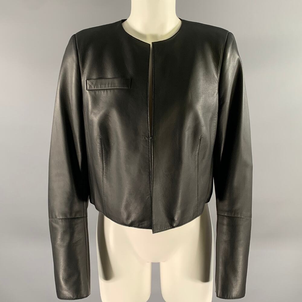 AKRIS Size 12 Black Leather Cropped Jacket